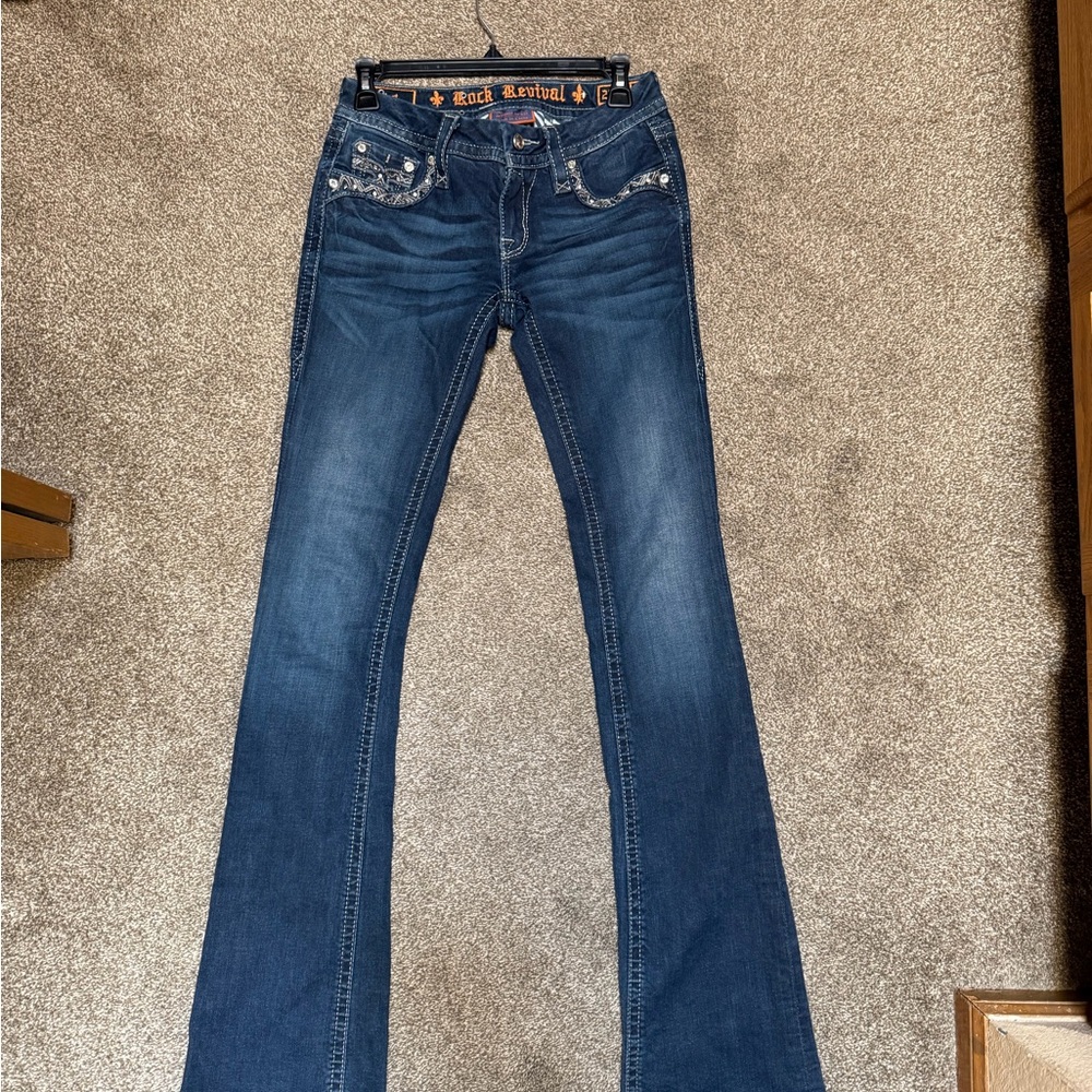 Rock Revival Women's Dark Indigo Flared Jeans with Embellished Pockets